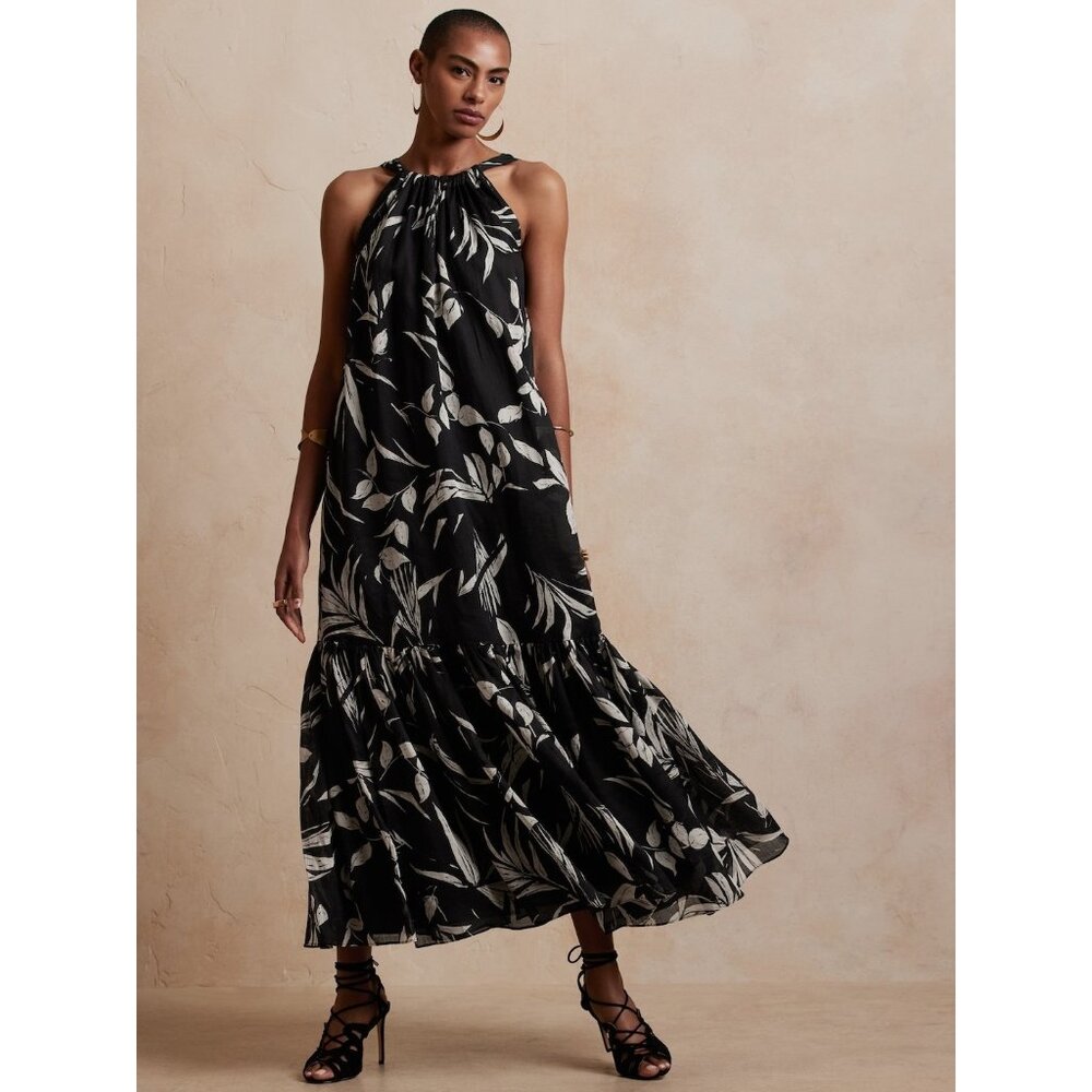 Banana Republic Fino Ramie Black Floral Low Back Tiered Maxi Dress M Oversized